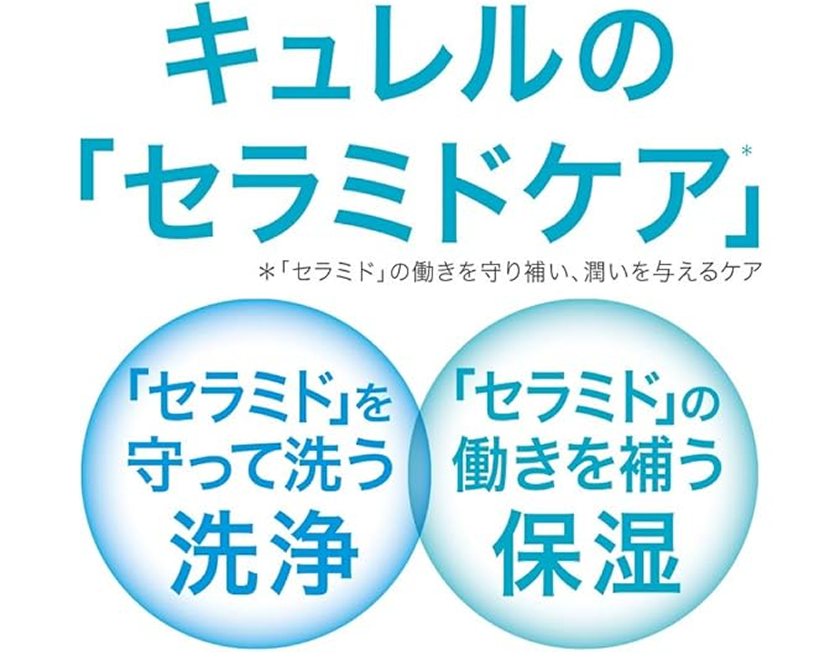 キュレルの「セラミドケア」※「セラミド」の動きを守り補い、潤いを与えるケア 「セラミド」を守って洗う洗浄 「セラミド」の動きを補う保湿